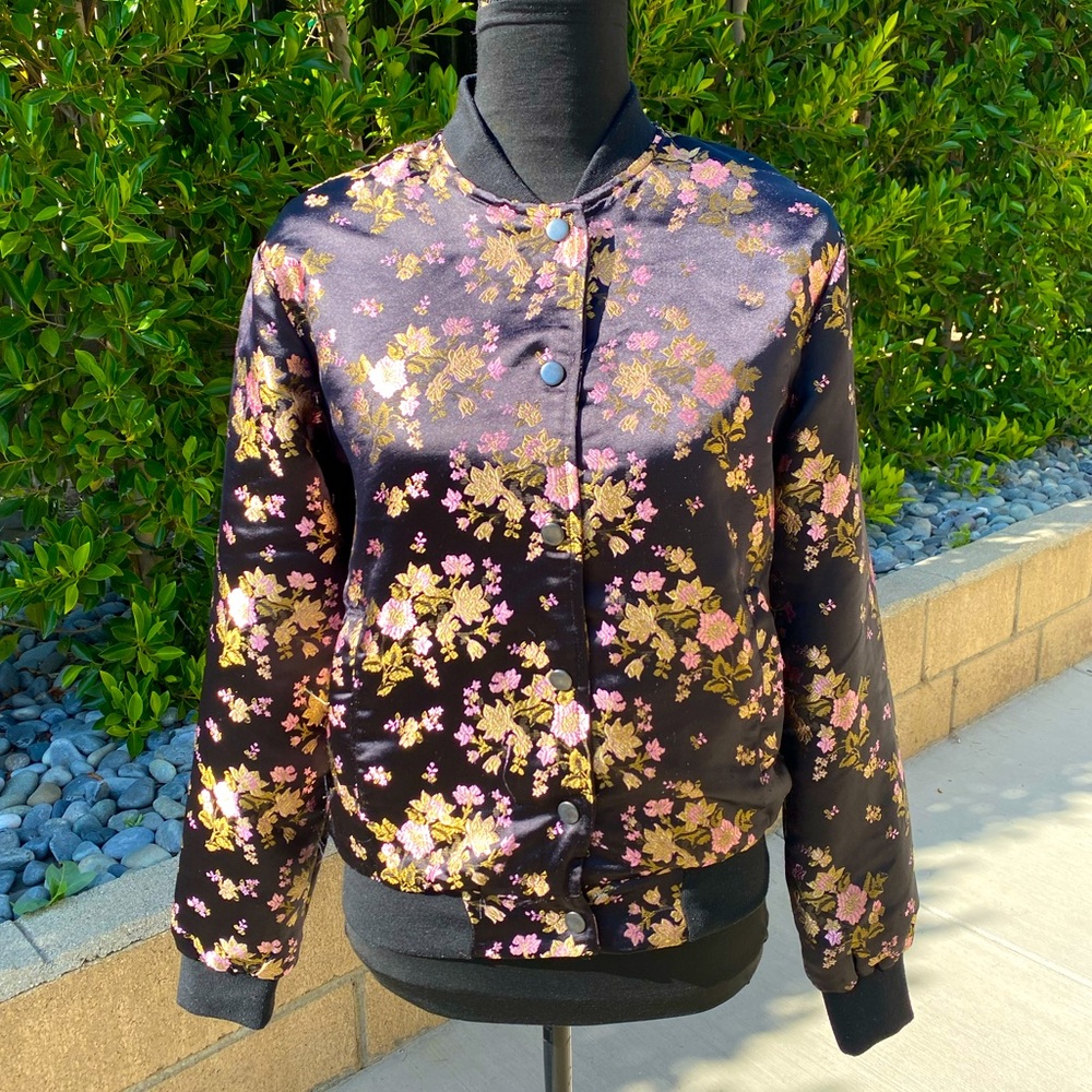 Brandy Melville Black Floral Satin Bomber Jacket